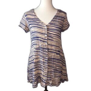Ava Sky Button Up Striped Mini Dress Tunic Size Small Tan Blue